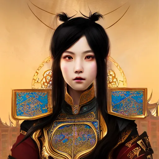 Image similar to portrait black hair young knights of Dynasty Warriors girl, rose golden color armor, in ruin chinese palace rooftop sunrise, ssci-fi and fantasy, intricate and very beautiful and elegant, highly detailed, digital painting, soft light, artstation, concept art, smooth and sharp focus, illustration, art by tian zi and WLOP and alphonse mucha