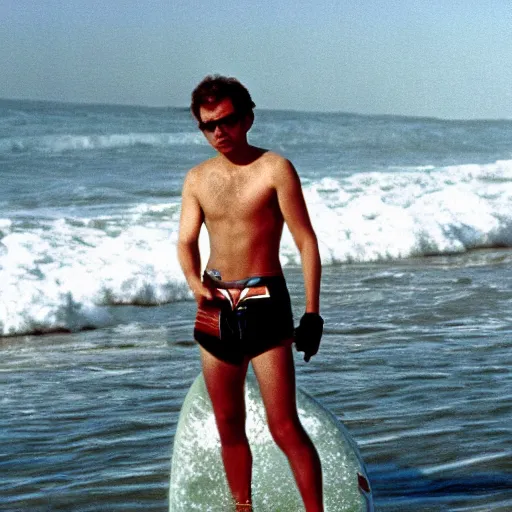 Image similar to Rick Moranis as a Californian surfer dude, movie still, cinematic Eastman 5384 film