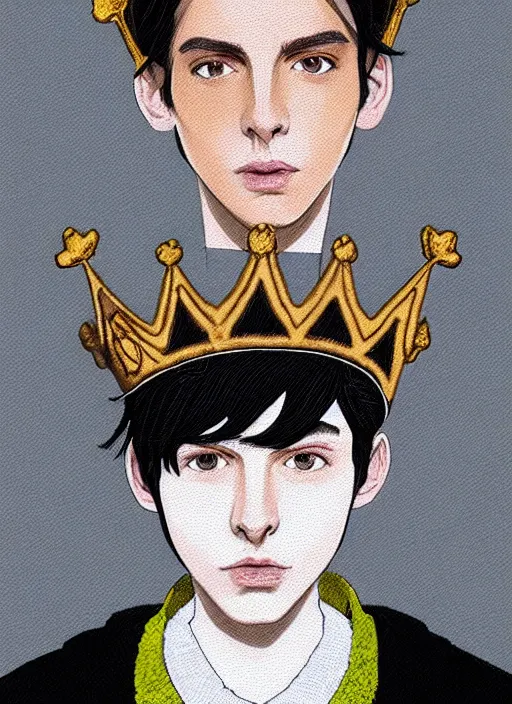 Image similar to portrait of teenage jughead jones wearing a light grey crown, photorealistic, crown made of fabric, crown with pin badges, crown with pins, crown made of felt, black hair, intricate, elegant, highly detailed, digital painting, glowing lights, artstation, concept art, smooth, sharp focus, illustration, art by wlop, mars ravelo and greg rutkowski