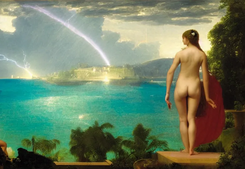 Image similar to Girl at the palace, refracted sparkles, thunderstorm, greek pool, beach and Tropical vegetation on the background major arcana sky, by paul delaroche, hyperrealistic 4k uhd, award-winning, very very very detailed