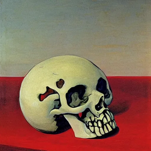 Prompt: transparent red liquid inside in a transparent skull, alexandre benois