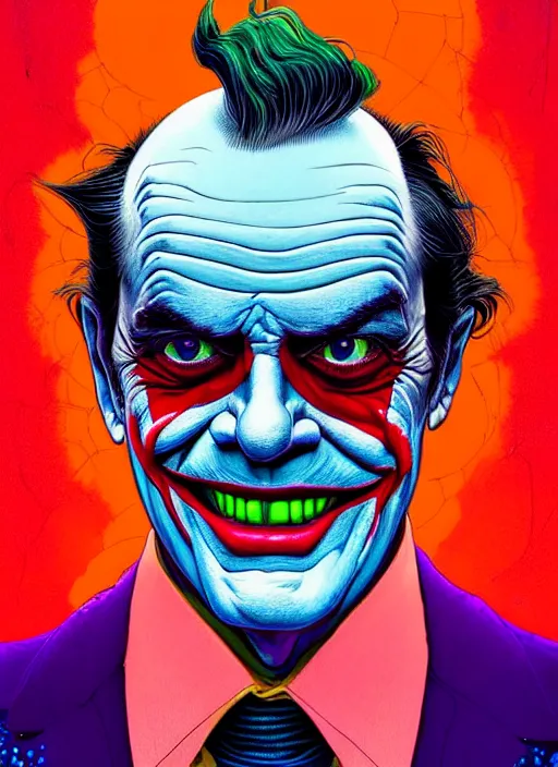 Prompt: symmetry!! stunning portrait of jack nicholson as arthur fleck joker, 2 0 1 9 joker movie, by victo ngai, kilian eng vibrant colors, dynamic lighting, digital art, winning award masterpiece, fantastically beautiful, illustration, aestheticly inspired by beksinski and dan mumford, upscale with simon stalenhag work, artstation, 8 k