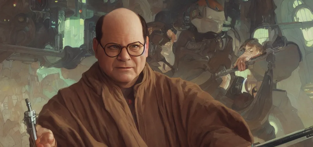 Image similar to george costanza as a jedi by Stanley Artgerm Lau, greg rutkowski, thomas kindkade, alphonse mucha, loish, norman Rockwel