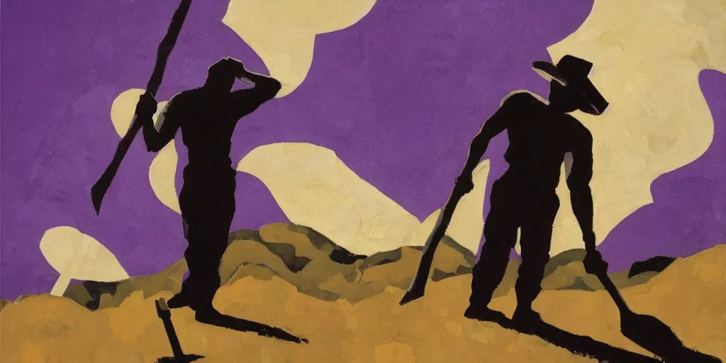 Image similar to old black man holding pick axe in hand, shades of purple, oil painting by aaron douglas,