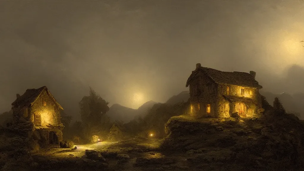 Image similar to A singular rotting cottage on a mountaintop at night, by Hubert Robert, hyperrealistic, Blender 8k UHD