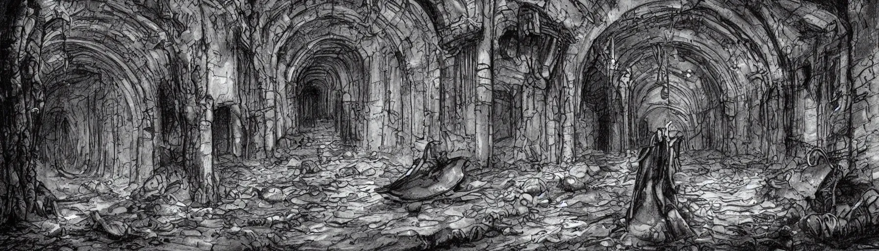 Prompt: waist - deep flooded sewer tunnels. fantasy art, underground, stream, crumbling masonry, darkness, sewage falling from grates, abandoned spaces, torchlight. sketch art. roots, mud, mushrooms, d & d.