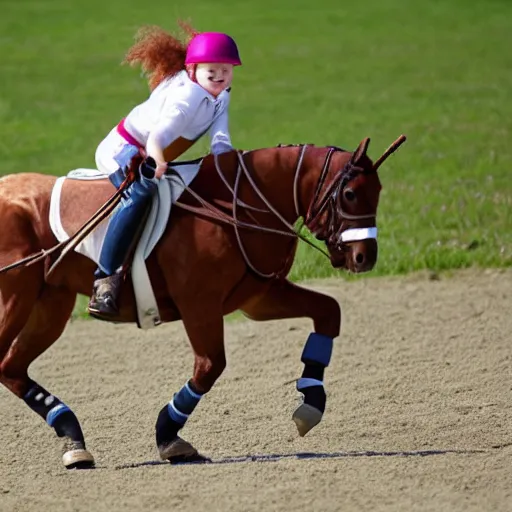 Prompt: screaming chucky doll playing polo on a horse