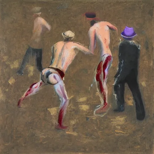 Image similar to 3 drunks fall over mud - wrestling,, where's wally, oil painted ( ( by francis bacon ) )