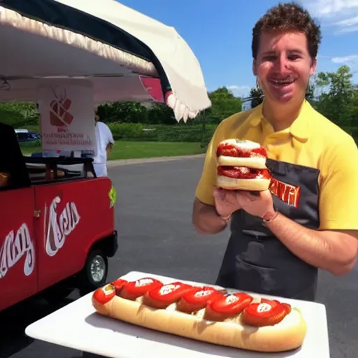 Image similar to a hotdog salesman