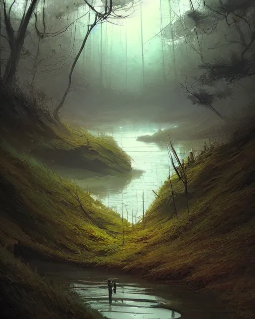 Image similar to professional ominous impressionist painting of a winding river by artgerm and greg rutkowski. an intricate, elegant, highly detailed digital painting, concept art, smooth, sharp focus, illustration, in the style of simon stalenhag, wayne barlowe, and igor kieryluk.