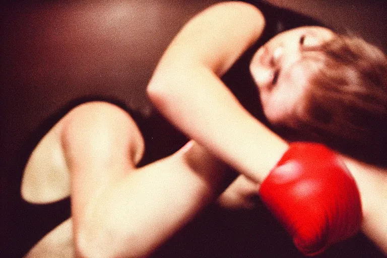 Prompt: close up portrait of women boxing moment of knock out with brews blood sweating, photography photojournalism, very grainy image, 50mm lens, close up portrait polaroid