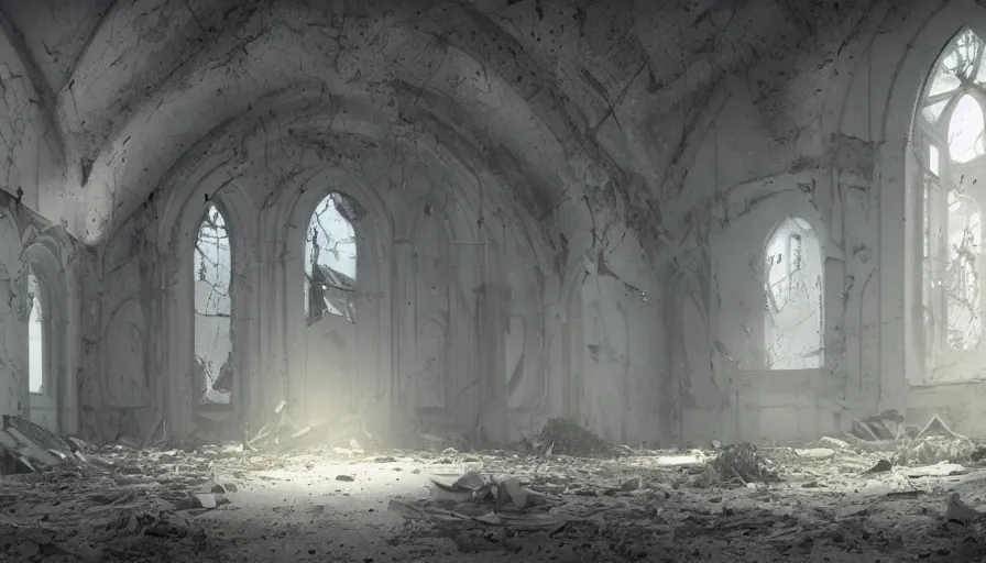 Prompt: abandoned white church, dust particles, vegetation, collapsed ceiling, bell falling to the ground, destructionn brught light, hyperdetailed, artstation, cgsociety, 8 k