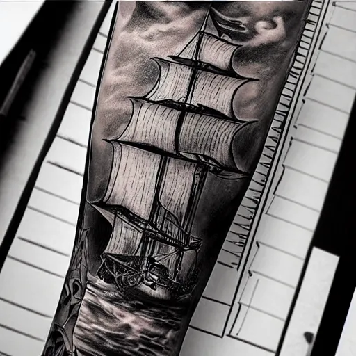 Prompt: a pirate ship sailing in the sea, realism tattoo design, white background, by Matteo Pasqualin tattoo artist