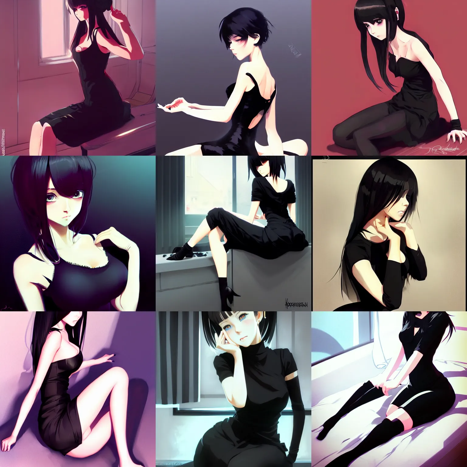 Prompt: sexy girl, wearing a black dress, sitting on her bed, hands in her hair, black colors, highly detailed, in the style of and ilya kuvshinov and greg rutkowski, high quality anime artstyle, intricate