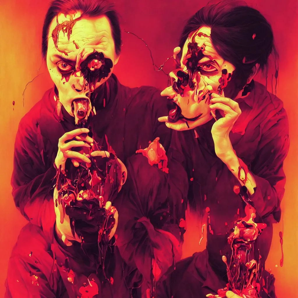 Prompt: weird and disturbing portrait of mike patton puking blood, vivid colors, death, neon, art by ( ( ( kuvshinov ilya ) ) ) and wayne barlowe and francis bacon and artgerm and wlop and william - adolphe bouguereau