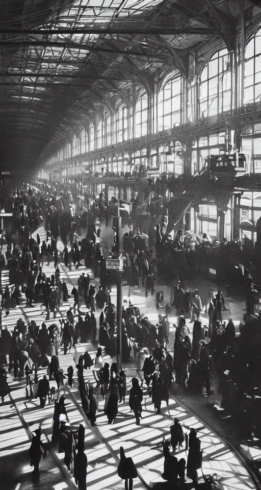 Image similar to interior of a victorian railway station, people on the platforms, luggage, atmospheric, dramatic architecture