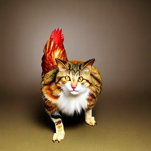 Image similar to a chicken - cat - hybrid, animal photography