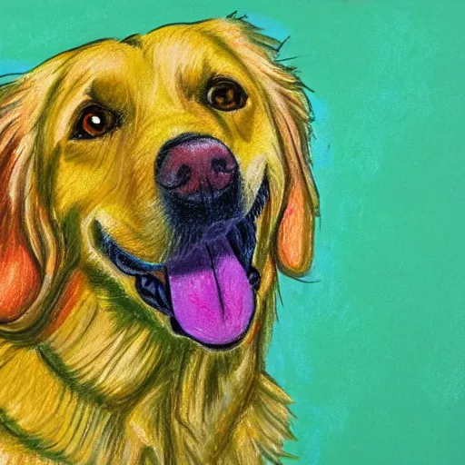 Prompt: oil pastel portrait of a golden retriever with its tongue out, green yellow gradient background