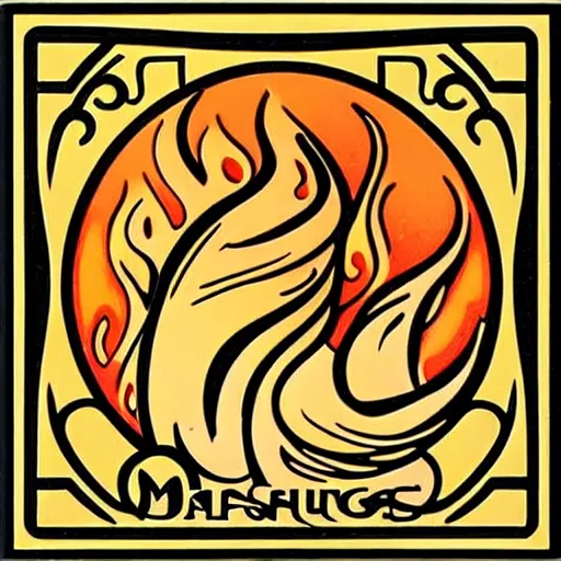 Image similar to a square enamel pin of a fire flames blaze label art by alphonse mucha, smooth curves, behance