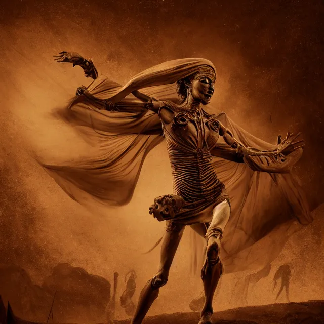 Image similar to photorealistic sepia painting of a flying mummy in a power pose, nabatean writing on the bones, atmospheric lighting, brooding, painted, intricate, ultra detailed, well composed, best on artstation, cgsociety, epic, horror, stunning, gorgeous, intricate detail, much wow, masterpiece, cinematic aesthetic octane render, 8 k hd resolution,