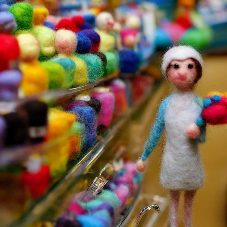 Image similar to needle felted person paying for the supermarket, highly detailed, tilt shift, cute, hyperrealism, highly textured, god rays