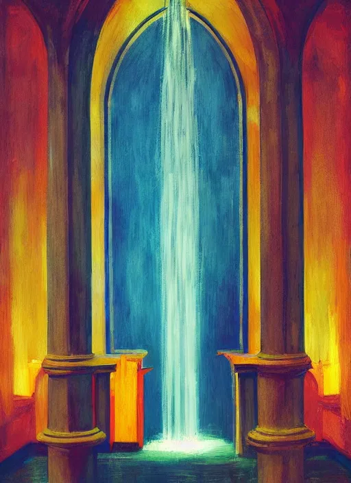 Prompt: waterfall in a church interior with neon lights painted by Edward Hopper and James Gilleard