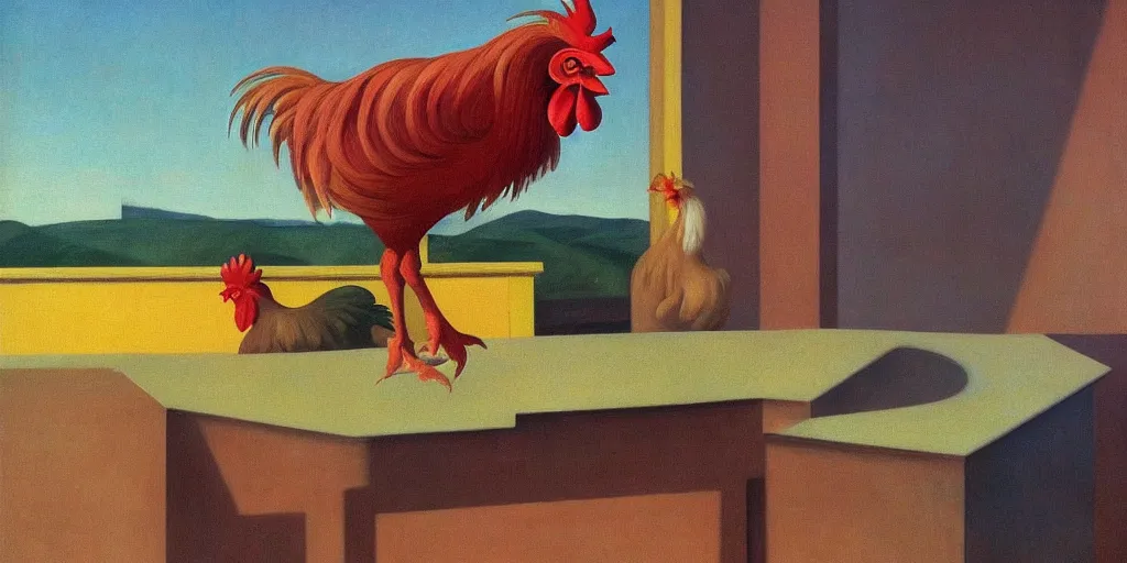 Image similar to peculiar rooster pictured in afternoon light, clouds, bird, open ceiling, strange foreign objects, surrealist oil painting by edward hopper, chirico and rene magritte