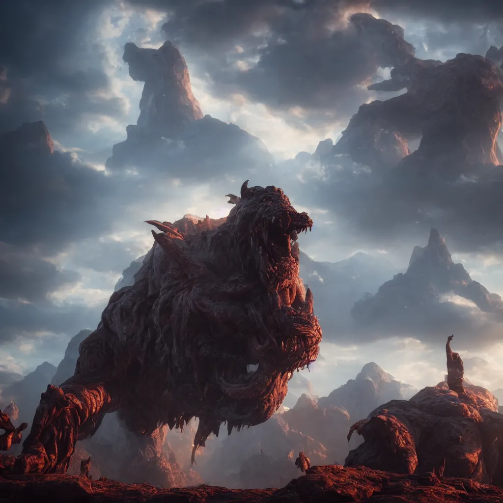 Image similar to a front confronted, the garbled jargon arose, huge this beast to pleasure untamed, unknown, illustration, divine realm of gods, realistic cinematic style, filmed in 7 0 mm, volumetric lighting, octane render, photographic, concept art, unreal engine 8 k