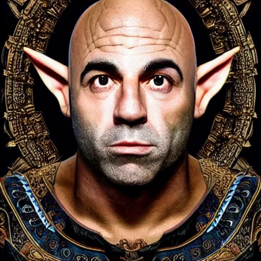 Prompt: elf that looks like joe rogan, symmetrical, full body image, accurate image, highly ornate intricate details, very sharp photo,