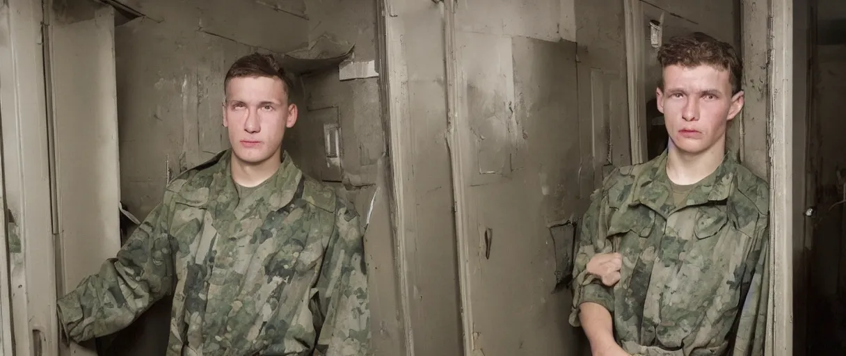 Prompt: a high quality color extreme creepy atmospheric wide dutch angle hd 4 k film 3 5 mm photograph of a young inexperienced caucasian military man standing in a doorway of a military breakroom in with a clipboard he looks young and experienced in 1 9 8 2