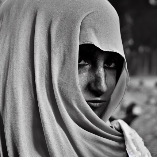 Prompt: 8 k uhd black and white portrait from burqa woman carrying a riffle's, 8 k uhd character details, national geography winning photo contest