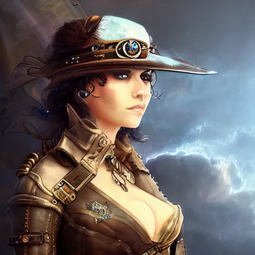 Image similar to beautiful futuristic young woman as a steampunk pirate captain, airship, thunderstorm, diffuse lighting, fantasy, intricate, highly detailed, lifelike, photorealistic, digital painting, artstation, illustration, concept art, smooth, sharp focus