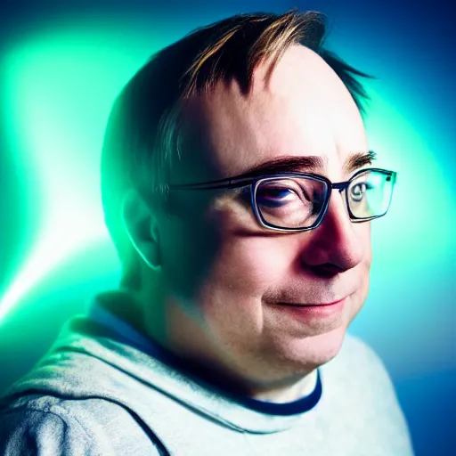 Image similar to Linus Torvalds as a greek god, glowing eyes, modelsociety, radiant skin, huge anime eyes, RTX on, perfect face, directed gaze, intricate, Sony a7R IV, symmetric balance, polarizing filter, Photolab, Lightroom, 4K, Dolby Vision, Photography Award