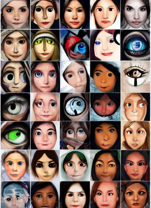 Image similar to diverse eyes!, dot pupils, round pupil, happy human eyes, round iris, advanced art, art styles mix, from wikipedia, grid of styles, various eye shapes