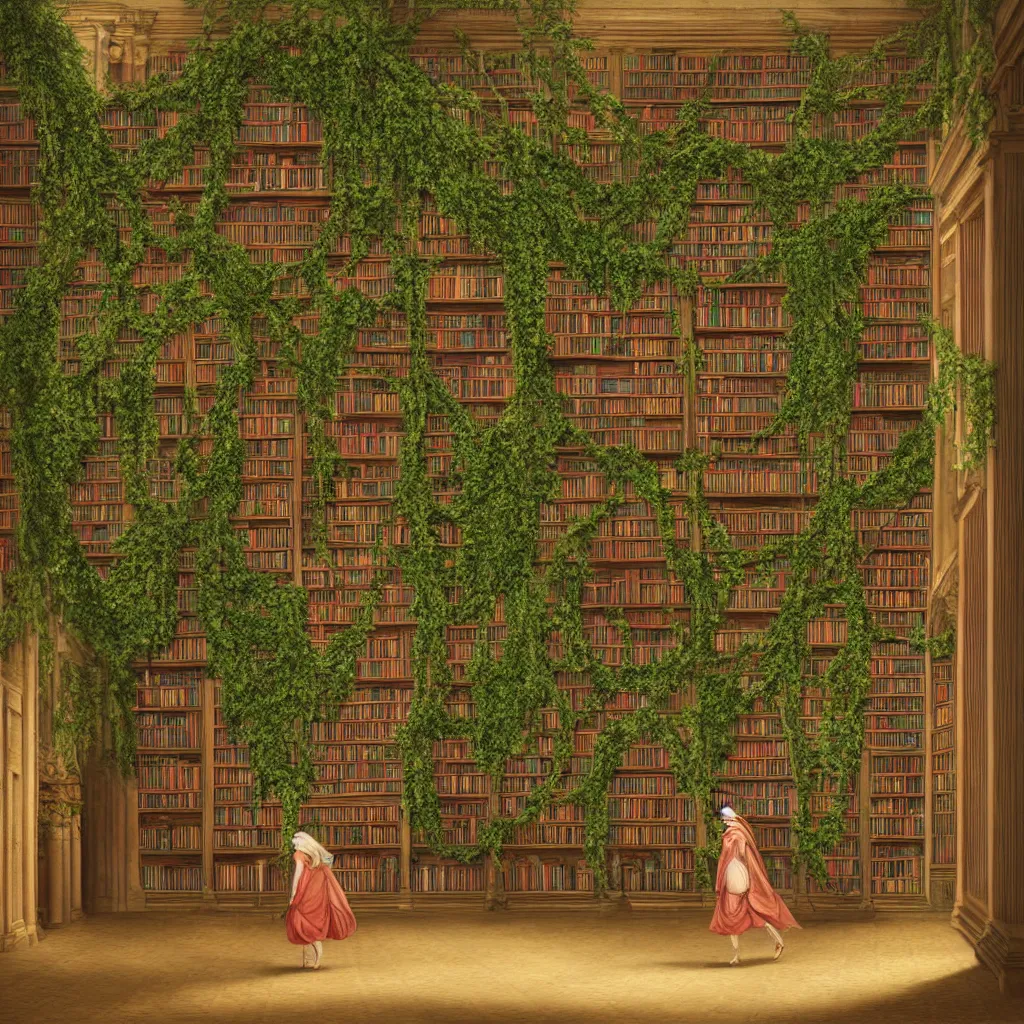 Prompt: woman entering the ultimate grand library, overgrown ivy plants, piles of books, stacks of books, ancient, old world, ultradetailed photorealistic
