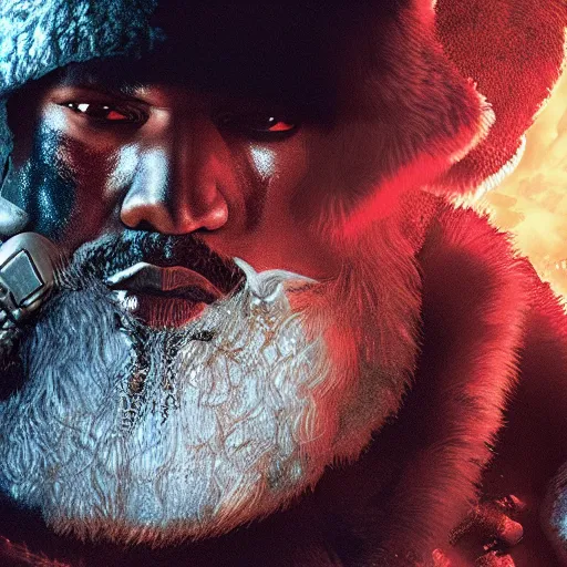 Image similar to Kanye West as santaclaus in 'Gears of War', splash art, movie still, cinematic lighting, detailed face, dramatic, octane render, long lens, shallow depth of field, bokeh, anamorphic lens flare, 8k, hyper detailed, 35mm film grain