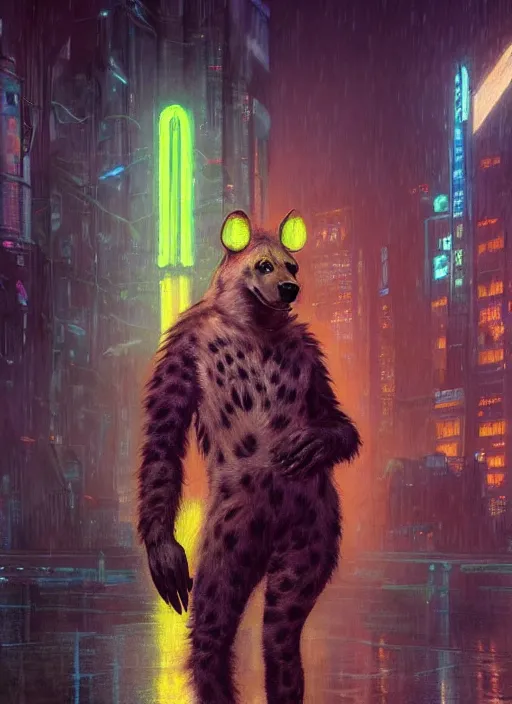 Image similar to beautiful full-body portrait commission of a (female furry anthro!!! spotted hyena fursona) (wearing jedi robes) (in a cyberpunk city at night in the rain). Neon light. Atmospheric. Renowned character illustration by greg rutkowski, thomas kindkade, alphonse mucha, loish, norman rockwell.