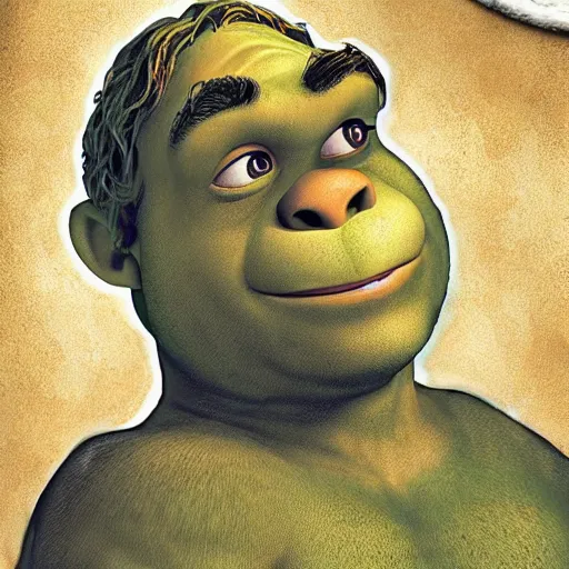 Image similar to Michelangelo painting of Shrek, from the Pixar movie Shrek