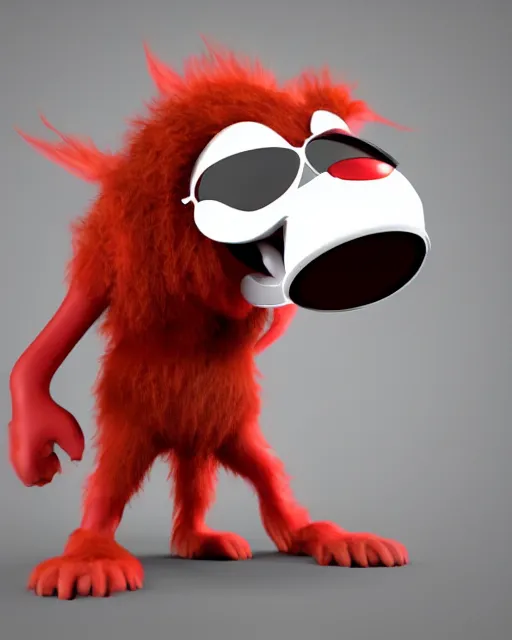 Image similar to 3 d render of completely red hairy friendly antropomorphic cartoony creature wearing chrome shades, without nose, full body, simple, cute, white background, unreal engine 5 hdr