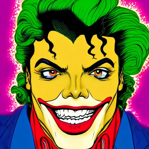 Image similar to dynamic macro head portrait of beautifu michael jackson as the joker in white sequined jacket by john romita sr and cory walker and ryan ottley and jack kirby and barry windsor - smith, comic, illustration, photo real