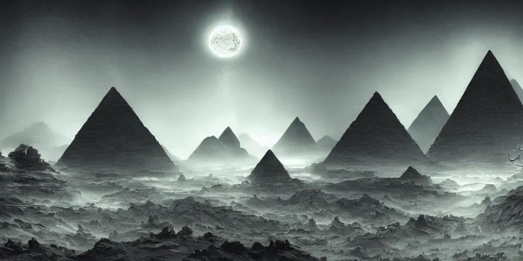 Image similar to stygian beautiful painting of a landscape with levitating obsidian alien pyramids with by kim jakobsson, takato yamamoto, clement - auguste andrieux and santiago caruso trending on artstation sunshine rays cryengine behance hd 8 k 3 d 8 k resolution photoillustration ambient occlusion, stars with lasers, nyarlathotep by arrivabene