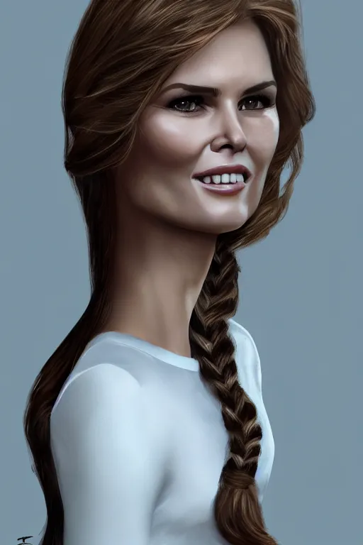 Image similar to portrait of a mix of young maria shriver, mariel hemmingway, melania trump and elle macpherson as an angel, thin lips, hair tied up in a pony tail, white, vine, artstation, cgsociety