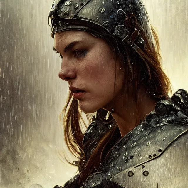 Prompt: detailed close up portrait of female medieval warrior, battleworn metal armor, dark rainy thunderstorm background, wet, subsurface scattering, artistic, art by artgerm, greg rutkowski and alphonse mucha, artstation, octane render,