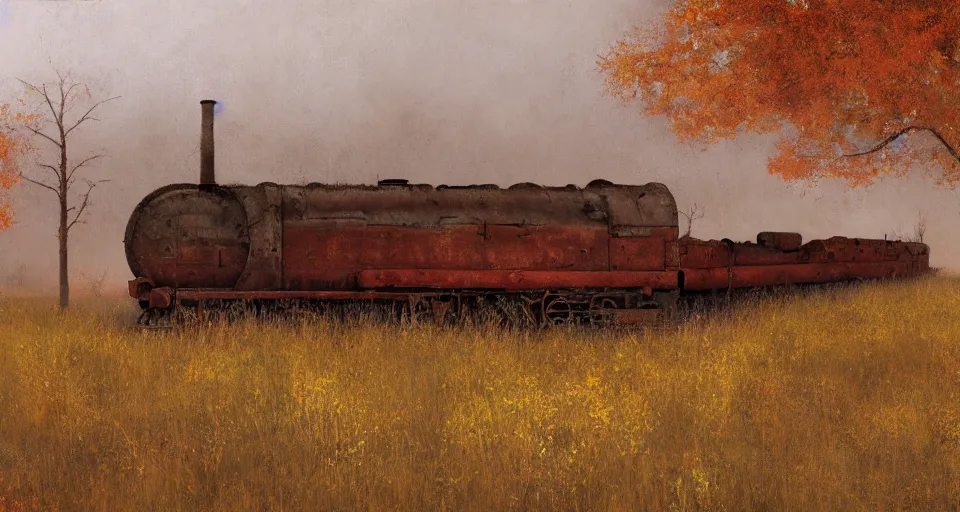 Image similar to rusty old railroad, in the steppe, autumn field, misty background, from the game pathologic 2, highly detailed, sharp focus, matte painting, by isaac levitan and asher brown durand,