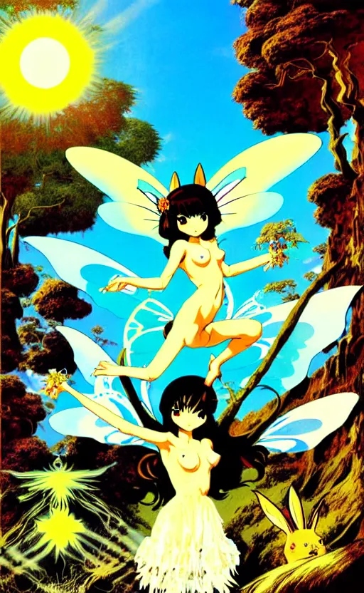 Image similar to anime fairies, enchanted forest, sun in the sky, bunnies, hallucination, psychotropic psychedelic, wide angle shot, white background, vector art, illustration by frank frazetta by salvador dali