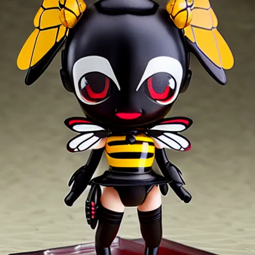 Image similar to photograph of cute bee nendoroid with themed armor with crimson - black metal bee wings, portrait, hyperdetailed, artstation, cgsociety, 8 k, by tangerine dream