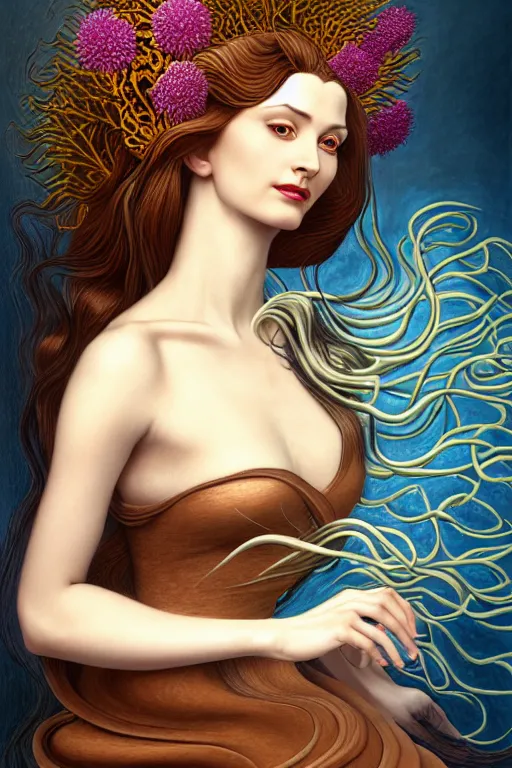 Image similar to portrait of a young attractive nerdy woman in flowing sensual dress, arrogant, long fine flowing hair, delicate, looking at camera, slightly awkward smile, realistic face, realistic hands, stylish, elegant, grimdark fantasy, flowers, extremely detailed painting inspired by Gerald Brom and Ernst Haeckel and Sandro Botticelli , studio lighting