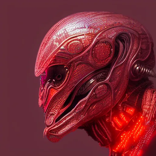 Prompt: sophisticated portrait of glowing, warm, reddish, atmospheric, misty, leds, futuristic cybernetic warrior alien in profile, highly intricate, detailed humanoid, trending on artstation