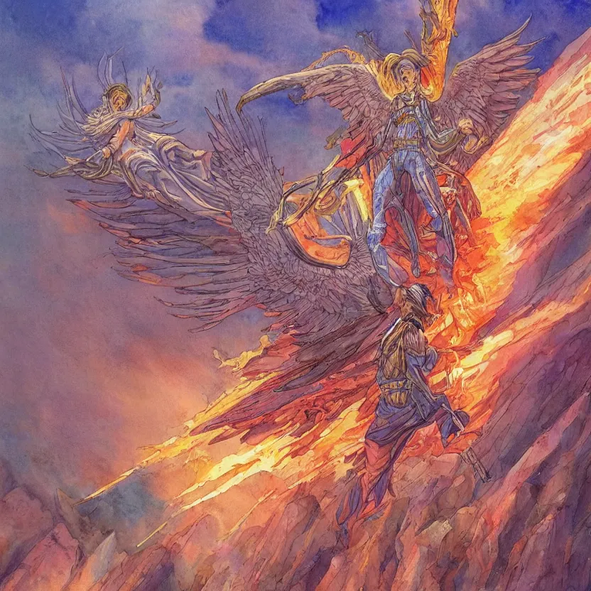 Image similar to a watercolor painting of a archangel with a broken halo wielding a jagged fiery blade flying over a city in the style of jean giraud in the style of moebius trending on artstation deviantart pinterest detailed realistic hd 8 k high resolution