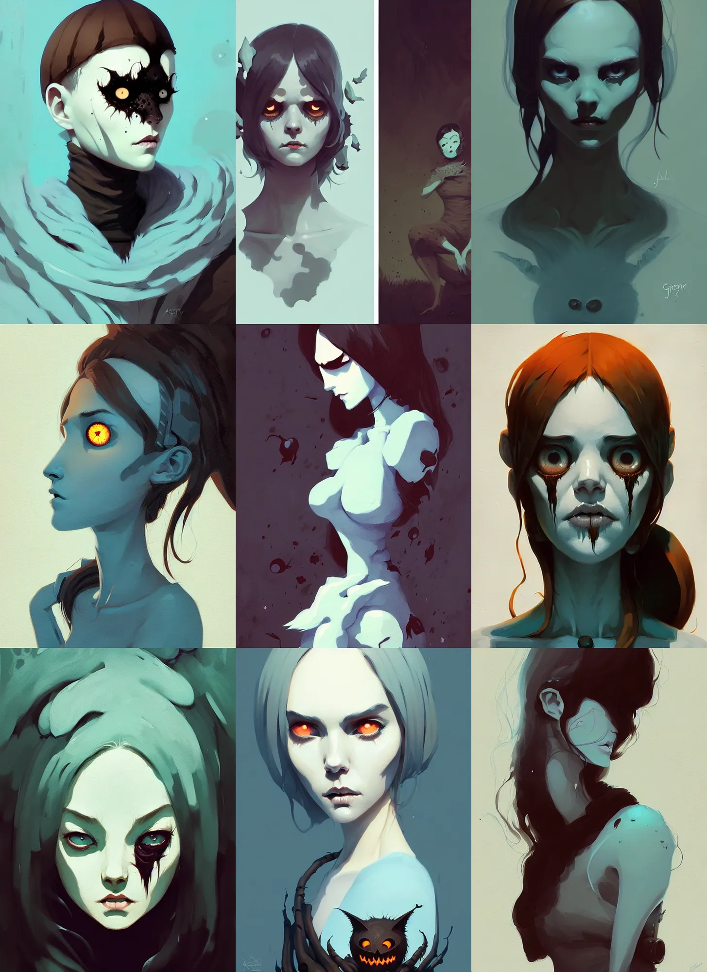 Prompt: highly detailed portrait of 🎃 creature, dark mood, by atey ghailan, by greg rutkowski, by greg tocchini, by james gilleard, by joe fenton, by kaethe butcher, gradient light blue, brown, blonde cream and white color scheme, grunge aesthetic